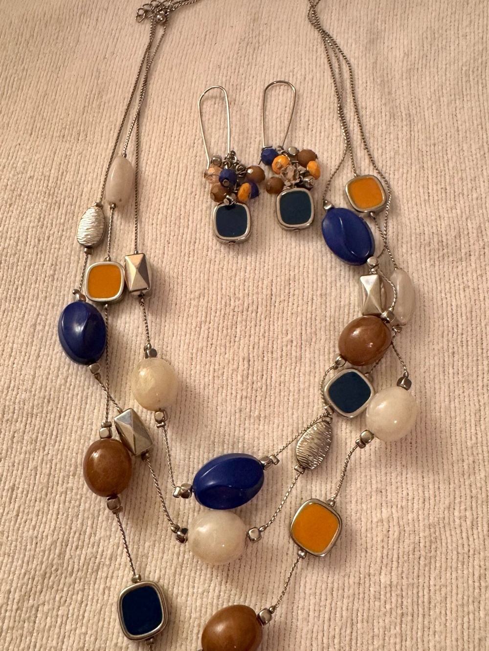 Multi-Strand Blue, Yellow & Brown Beaded Necklace with Matching Earrings